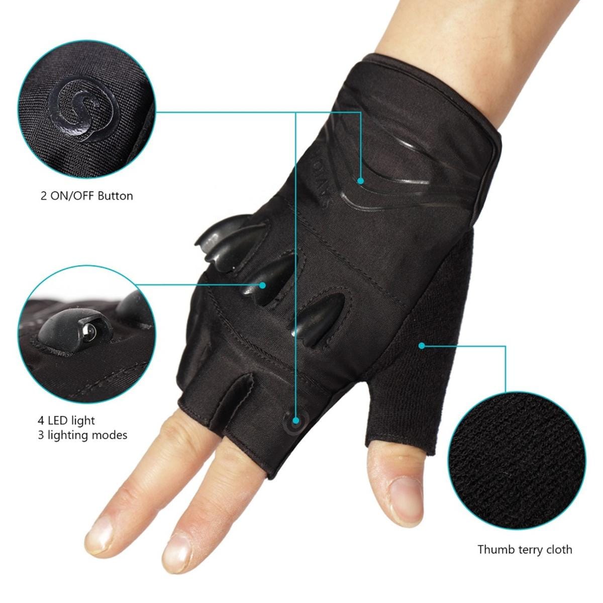 Savior Heat LED Flashlight Half Finger Cycling Gloves with Rechargeabl