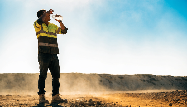 An outdoor worker in a hi-visibility shirt cooling off and drinking water on a hot, sunny job site under a bright summer sky
