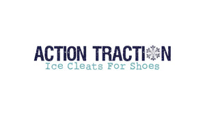 Action Traction Ice Cleats logo, distressed dark blue text with a snowflake, for reliable winter shoe traction.