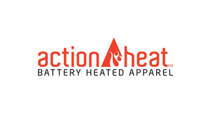 ActionHeat logo, red and black, with a fiery icon, showcasing innovative battery heated apparel.