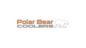 Polar Bear Coolers logo with orange and grey text, featuring a white polar bear outline for durable, high-performance coolers.