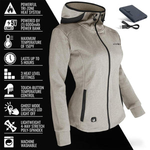 ActionHeat women's heated jacket with power bank and feature list