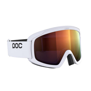 POC white ski goggles with orange reflective lens