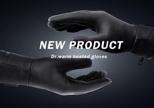 Black Dr warm heated gloves displayed against a dark background