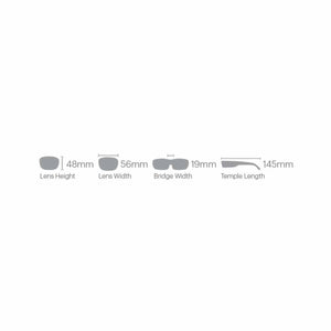Eyewear dimensions diagram showing lens height 48mm lens width 56mm bridge width 19mm and temple length 145mm