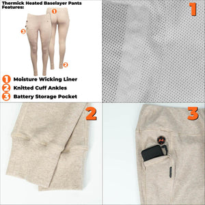Mobile Warming Thermick heated baselayer pants features showing moisture wicking liner knitted cuffs and battery pocket