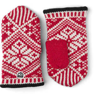 Hestra red and white patterned knit wool mittens