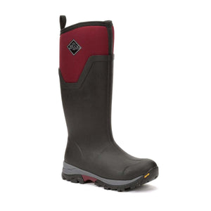 Muck Boot Company tall black and burgundy rubber boot with Vibram sole