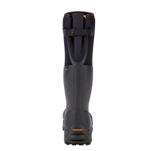 Back view of a black Dryshod waterproof boot with an adjustable calf strap