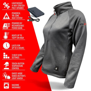ActionHeat grey heated jacket with power bank and feature list icons