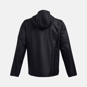 Back view of a black Under Armour hooded windbreaker jacket