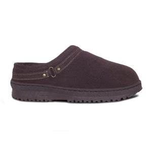 Cloud Nine Sheepskin brown suede mule slipper with a thick rubber sole and decorative metal buckle detail