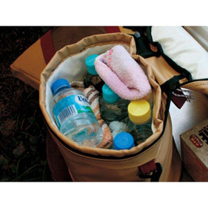 Open Snow Peak cooler bag containing water bottles and a folded towel