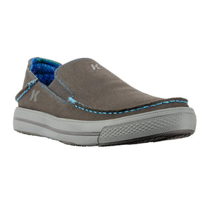 Korkers grey canvas slip on shoe with blue stitching and patterned interior lining