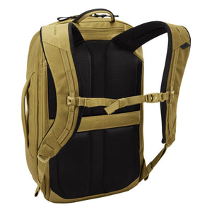 Back view of a tan Thule backpack showing padded shoulder straps and black mesh back panel