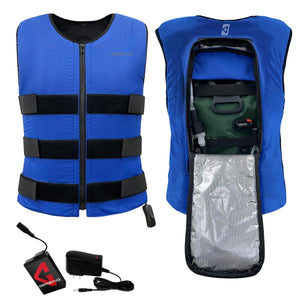 Gerbing blue cooling vest with front straps and internal hydration bladder compartment with battery and charger