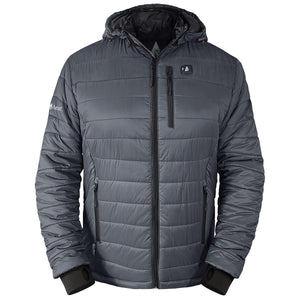 ActionHeat grey hooded puffer jacket with black zippers and cuffs