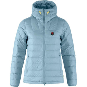 Light blue FjallRaven hooded puffer jacket with front zipper and logo patch