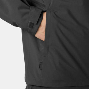 Close up of Helly Hansen black jacket pocket and adjustable velcro cuff