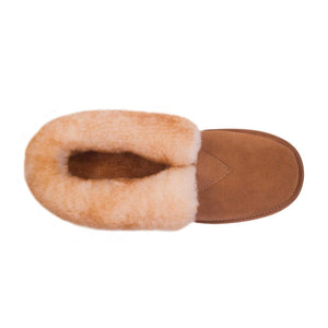 Cloud Nine Sheepskin tan suede slipper with cream wool lining viewed from above