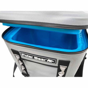 Open grey Polar Bear cooler bag with blue interior lining