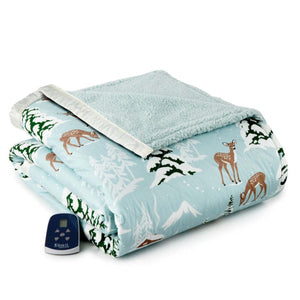 Shavel light blue heated throw blanket with deer and winter forest print and digital controller