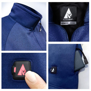 ActionHeat womens medium blue heated jacket details showing collar, brand label, power button, and battery pack