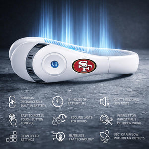 White San Francisco 49ers branded neck fan with 5000mAh battery and bladeless technology features