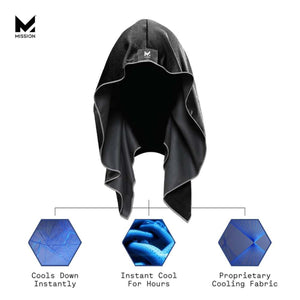 Mission cooling hood with diagrams showing instant cooling and proprietary fabric technology