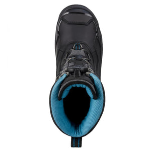 Top view of a black Korkers wading boot with blue interior lining and BOA lacing system