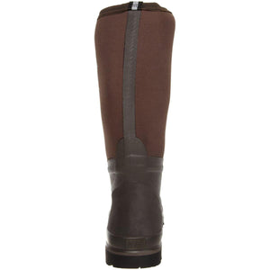 Back view of brown Muck rubber boot with textured shaft and reinforced heel