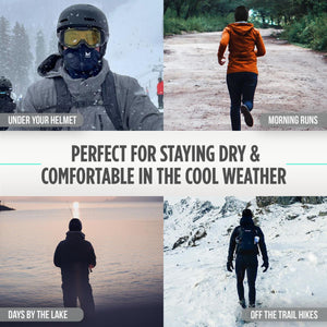 Mission gear shown in use for skiing running fishing and hiking in cool weather