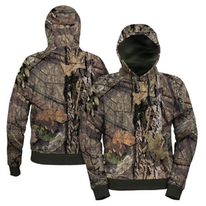 Front and back view of a long sleeve hoodie featuring a brown and green forest tree bark camouflage pattern