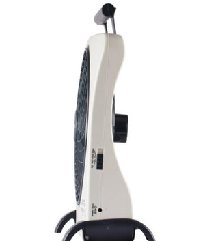 Side view of O2 Cool portable white fan with black handle and base