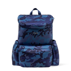 Corkcicle blue camouflage print backpack with front pocket and side compartments