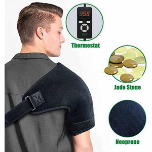 Man wearing UTK shoulder heating pad with thermostat jade stones and neoprene material details