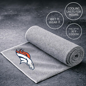 Denver Broncos cooling towel with text overlays describing cooling benefits