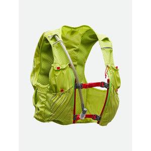 Nathan lime green hydration running vest with red straps and integrated water tube