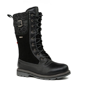 Black lace up winter boot with knit cuff and side buckle