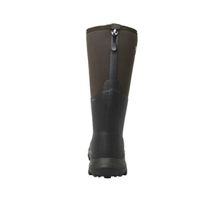 Back view of a brown Dryshod waterproof rubber boot with a rear zipper closure