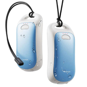 Two blue and white Ocoopa hand warmers with black lanyards and water droplets on the surface
