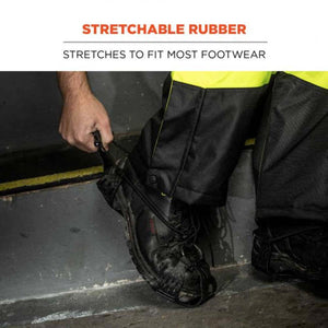 Trex stretchable rubber ice cleat being pulled over a work boot