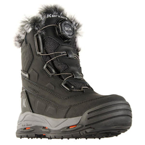 Korkers black waterproof winter boot with faux fur collar and BOA lacing system