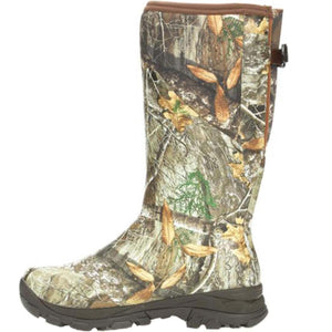 Tall camouflage rubber hunting boot with brown sole and side buckle