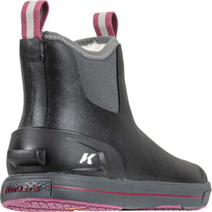 Korkers black waterproof ankle boot with grey trim and pink pull tabs
