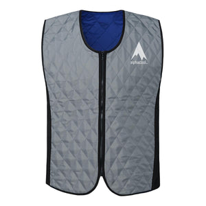 AlphaCool grey quilted cooling vest with front zipper and blue interior lining
