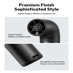 Aecooly massage gun showing digital display for battery and speed levels and a lanyard hole