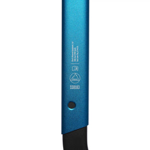 Black Diamond Equipment product label on blue metal shaft with UIAA certification icon