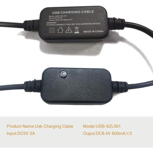 Savior Heat USB charging cable with technical specifications printed on the housing