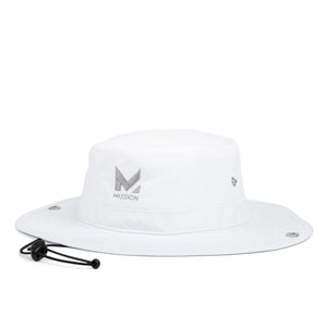 White Mission bucket hat with adjustable chin strap